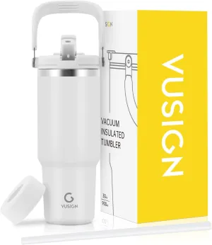 VUSIGN 30 oz Tumbler with Handle and Flip Straw, Stainless Steel Vacuum Insulated Water Bottle Travel Mug Thermal Cup for Home, Office, Car, Outdoors, Sports, Cream