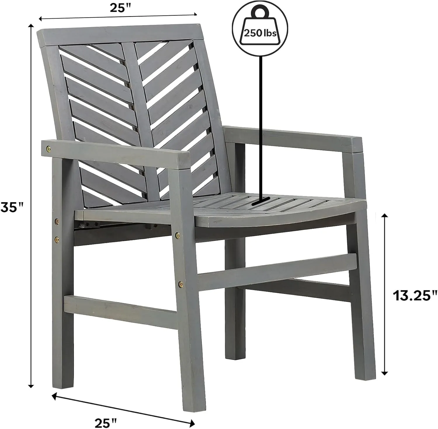 Walker Edison 2 Piece Outdoor Patio Chevron Wood Chair Set All Weather Backyard Conversation Garden Poolside Balcony, Set of 2, Grey