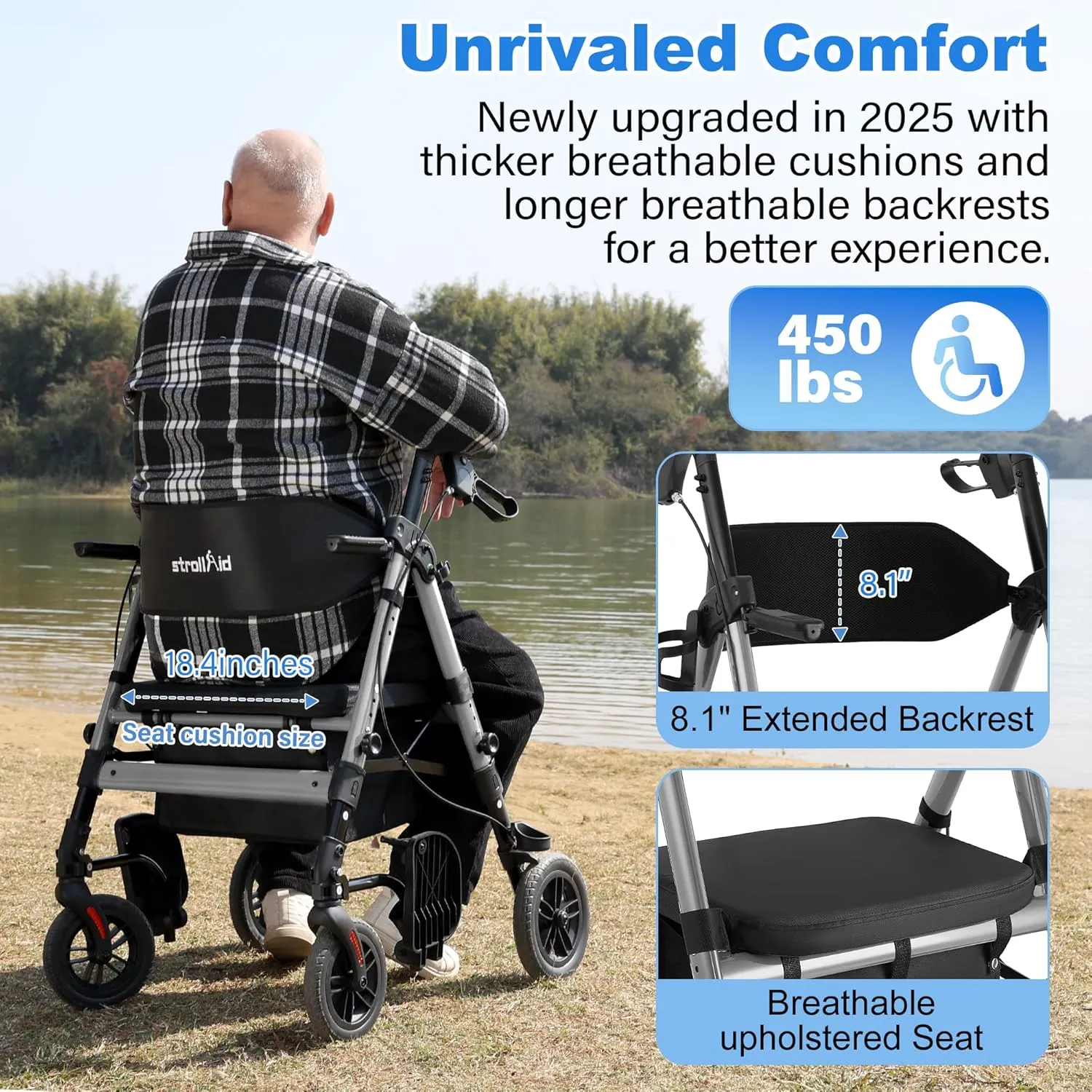 Walkers for Seniors,Rollator Walker with Seat, Walker Wheelchair Combo,2 in 1 Rollator Transport Chair with Brakes, Heavy Duty Rolling Walker,Holds up to 450 pounds,10" Big Wheels for All Terrain,Grey