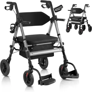 Walkers for Seniors,Rollator Walker with Seat, Walker Wheelchair Combo,2 in 1 Rollator Transport Chair with Brakes, Heavy Duty Rolling Walker,Holds up to 450 pounds,10" Big Wheels for All Terrain,Grey