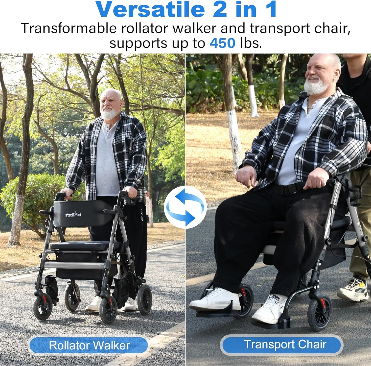Walkers for Seniors,Rollator Walker with Seat, Walker Wheelchair Combo,2 in 1 Rollator Transport Chair with Brakes, Heavy Duty Rolling Walker,Holds up to 450 pounds,10" Big Wheels for All Terrain,Grey