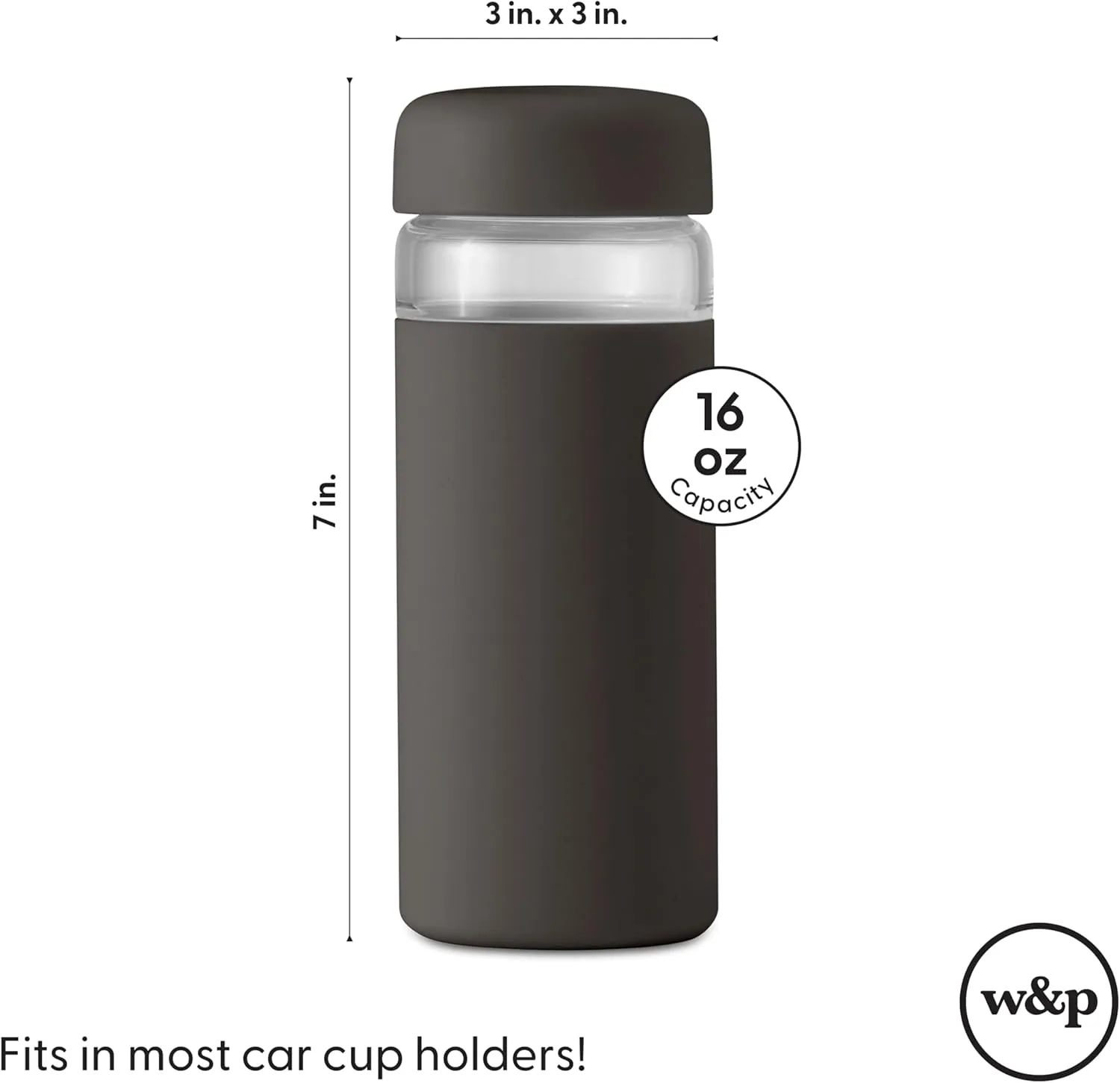W&P Porter Glass Wide Mouth Bottle w/ Protective Silicone Sleeve | Charcoal 16 Ounces | On-the-Go | Reusable Bottle | Portable and Lightweight | Dishwasher Safe