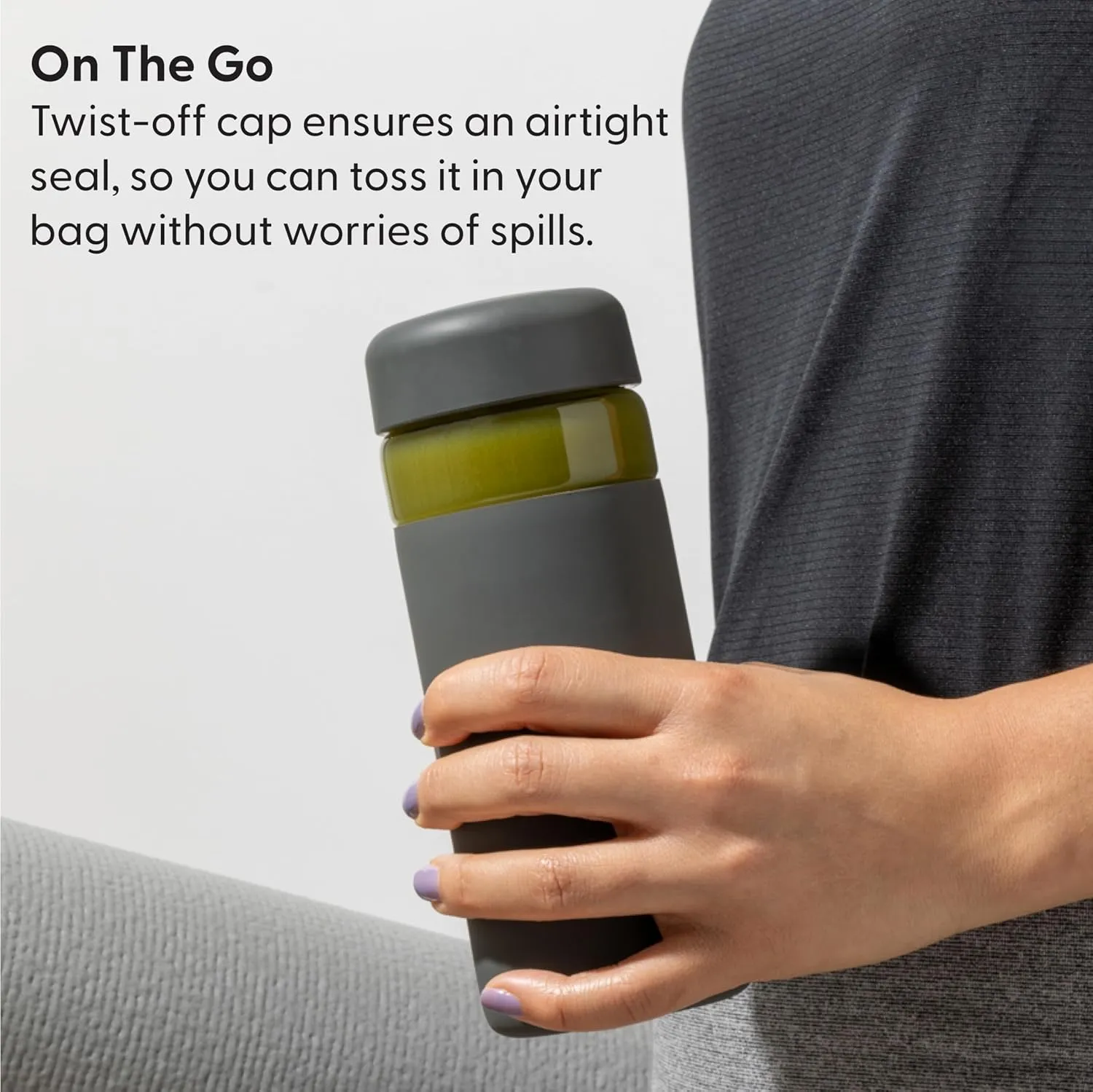 W&P Porter Glass Wide Mouth Bottle w/ Protective Silicone Sleeve | Charcoal 16 Ounces | On-the-Go | Reusable Bottle | Portable and Lightweight | Dishwasher Safe