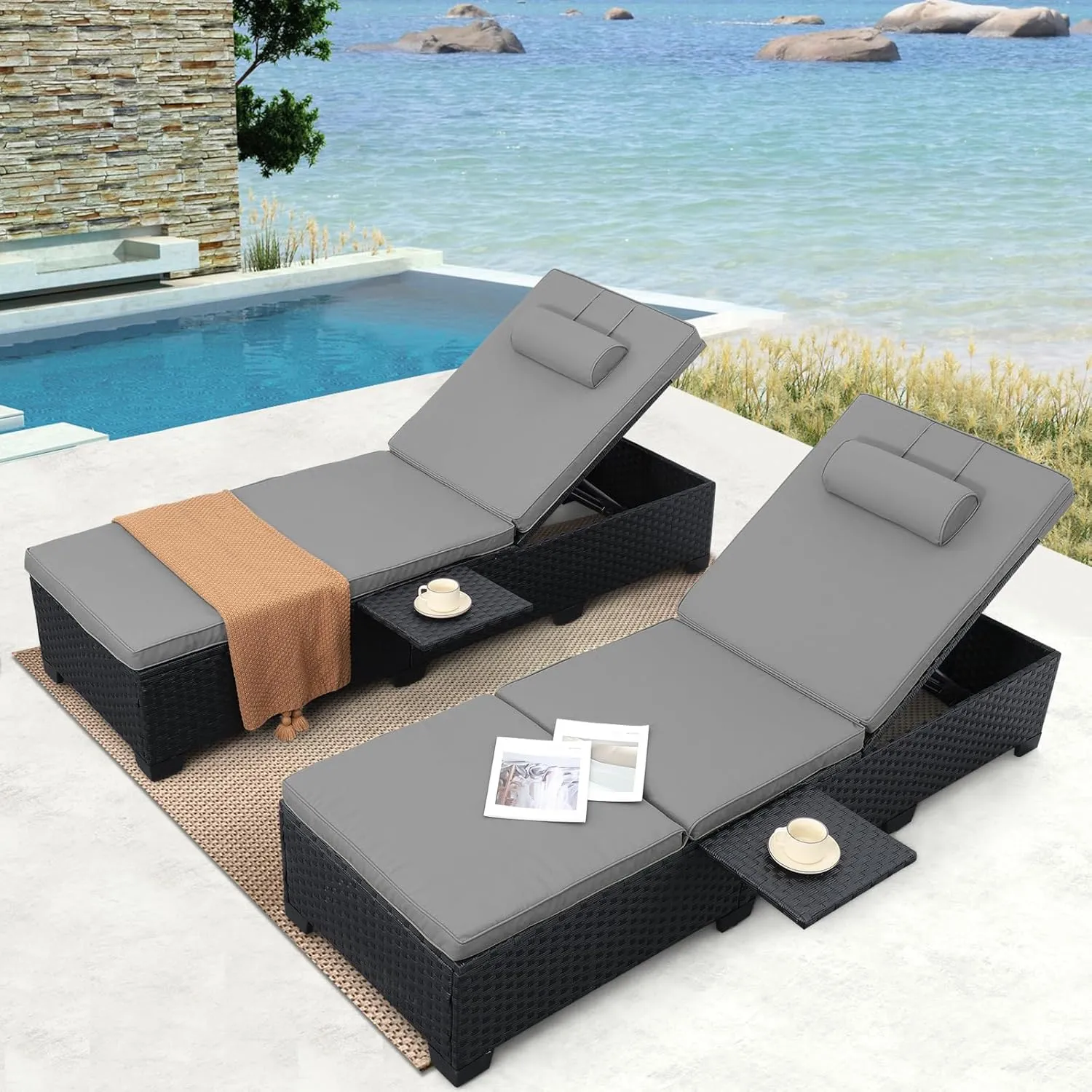 WAROOM Outdoor Chaise Lounge Chairs for Outside Patio Furniture Set of 2 Wicker Recliner Black Rattan Reclining Pool Sunbathing Chair Adjustable Backrest Lounger with Grey Cushion