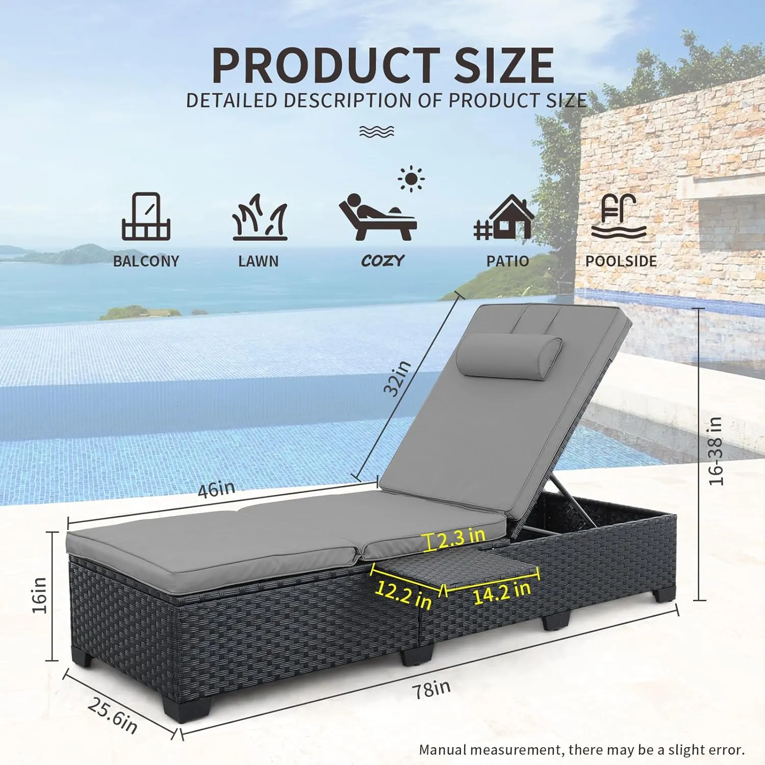 WAROOM Outdoor Chaise Lounge Chairs for Outside Patio Furniture Set of 2 Wicker Recliner Black Rattan Reclining Pool Sunbathing Chair Adjustable Backrest Lounger with Grey Cushion