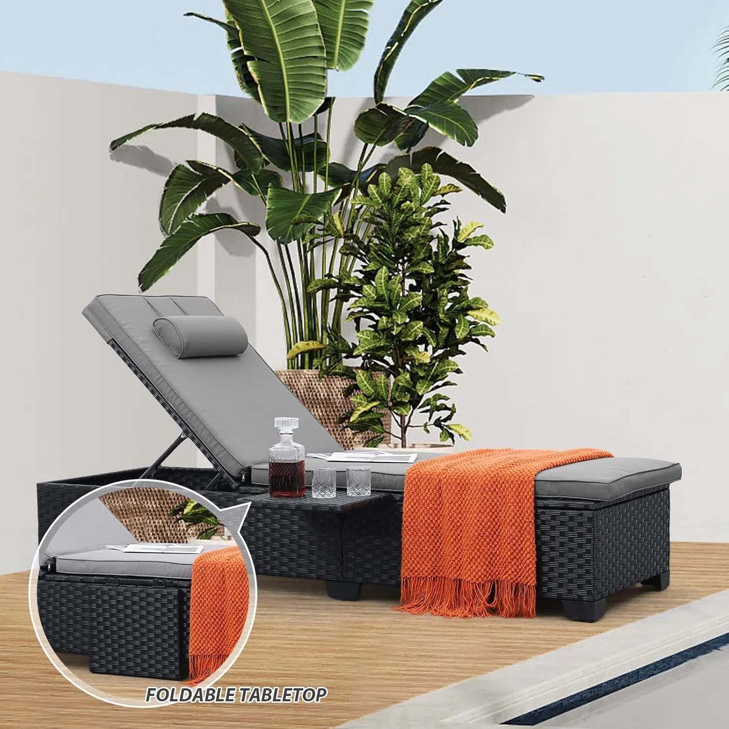 WAROOM Outdoor Chaise Lounge Chairs for Outside Patio Furniture Set of 2 Wicker Recliner Black Rattan Reclining Pool Sunbathing Chair Adjustable Backrest Lounger with Grey Cushion
