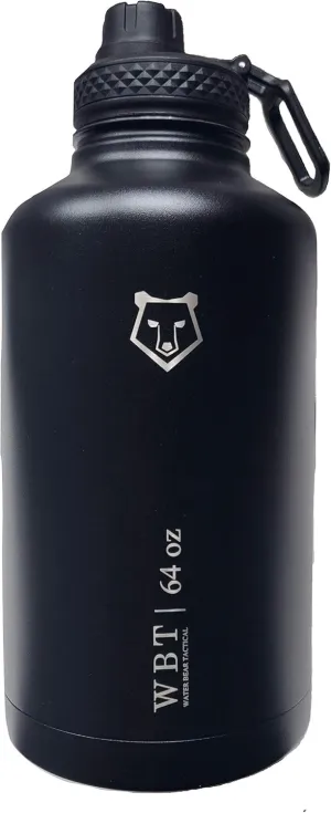 Water Bear Tactical Double Wall Vacuum Insulated Stainless Steel Sports Wide Mouth Water Bottle, BPA Free with Carry Handle Flip Top Spout Screw Cap Lid and Flex Cap Lid (Black, 64 Oz)