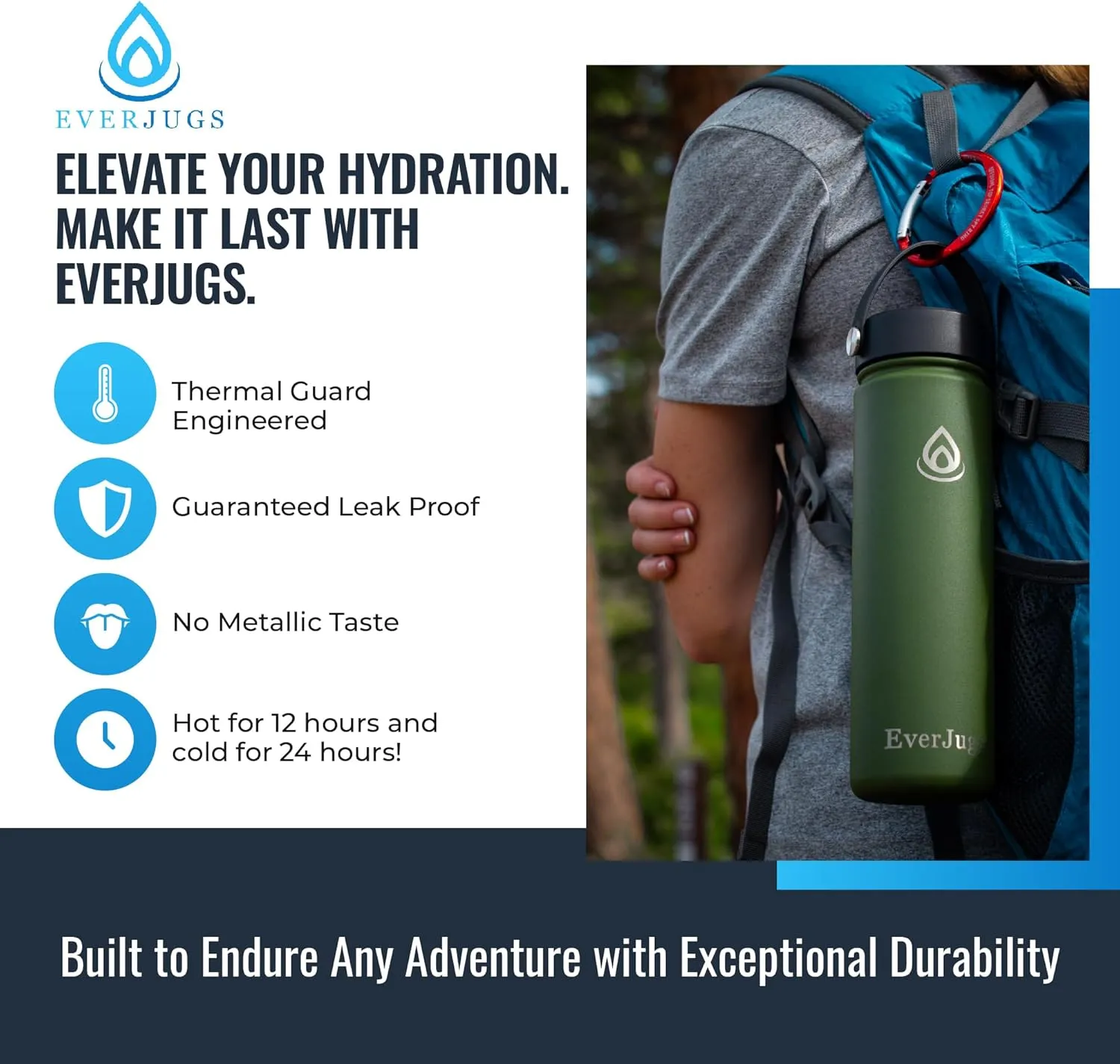 Water Bottle - 32 Oz, Wide Mouth, Premium Stainless Steel Bottle with Grip Cap, Double Walled Vacuum Insulated, Thermo Mug, Metal Flask, Leak Proof, Eco-Friendly