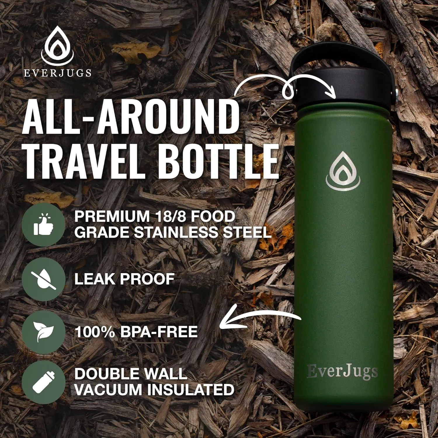 Water Bottle - 32 Oz, Wide Mouth, Premium Stainless Steel Bottle with Grip Cap, Double Walled Vacuum Insulated, Thermo Mug, Metal Flask, Leak Proof, Eco-Friendly