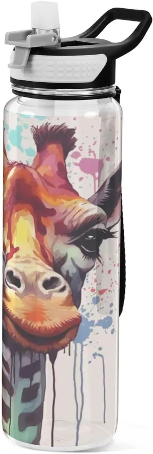 Water Bottle 32oz Water Bottles with Straw-BPA Free, Watercolor Giraffe Motivational Water Bottle for Fitness, Travel & Outdoor