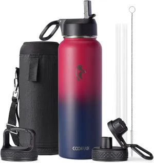 Water Bottle 40 oz Insulated with Straw&Brush, Coolflask Vaccum Stainless Steel Metal 3 Lids Water Flask for Sports, Gym or Office, Keep Cold 48H Hot 24H, Ombre Wine/Navy