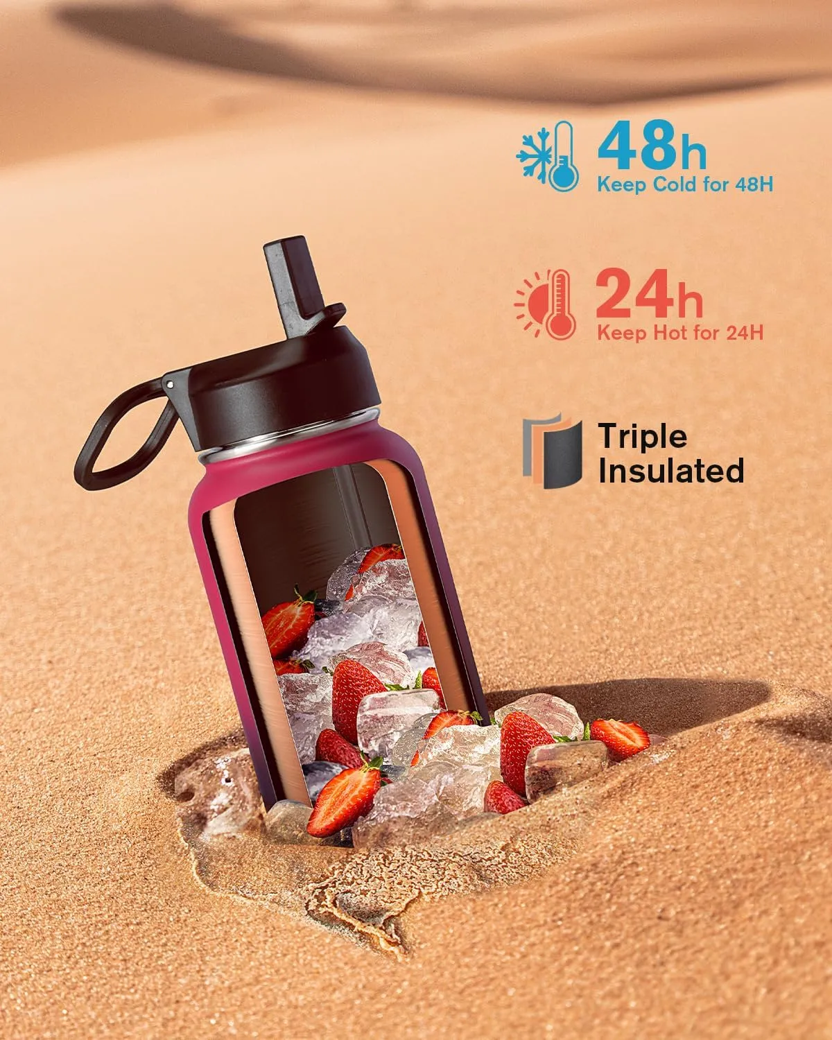 Water Bottle 40 oz Insulated with Straw&Brush, Coolflask Vaccum Stainless Steel Metal 3 Lids Water Flask for Sports, Gym or Office, Keep Cold 48H Hot 24H, Ombre Wine/Navy