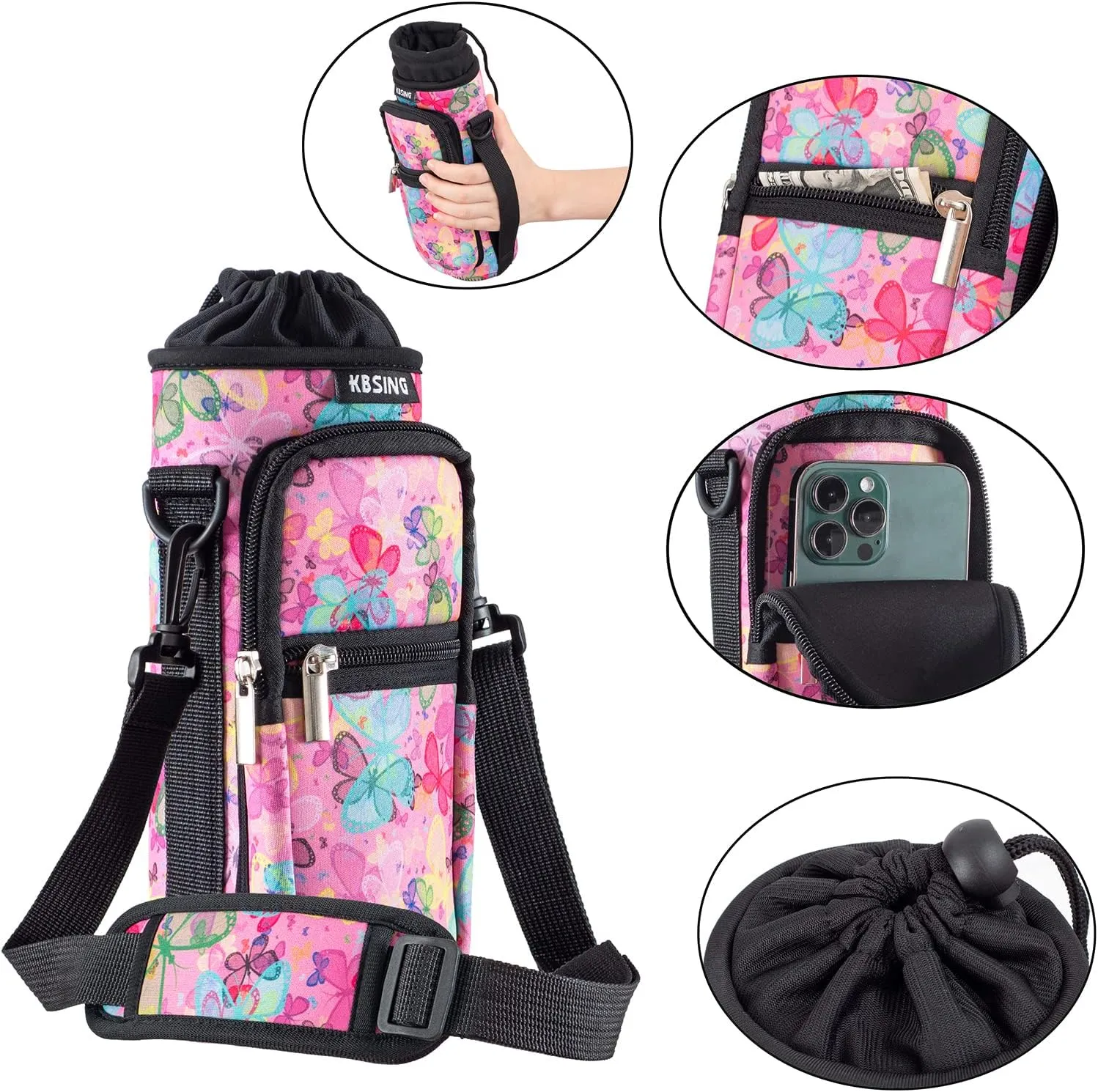 Water Bottle Carrier Holder Sling Bag Sleeve 25oz 32oz Crossbody Water Bottle Case Cover with Strap Pockets for Men/Women Walking Hiking Camping (32 oz, BS32-07)