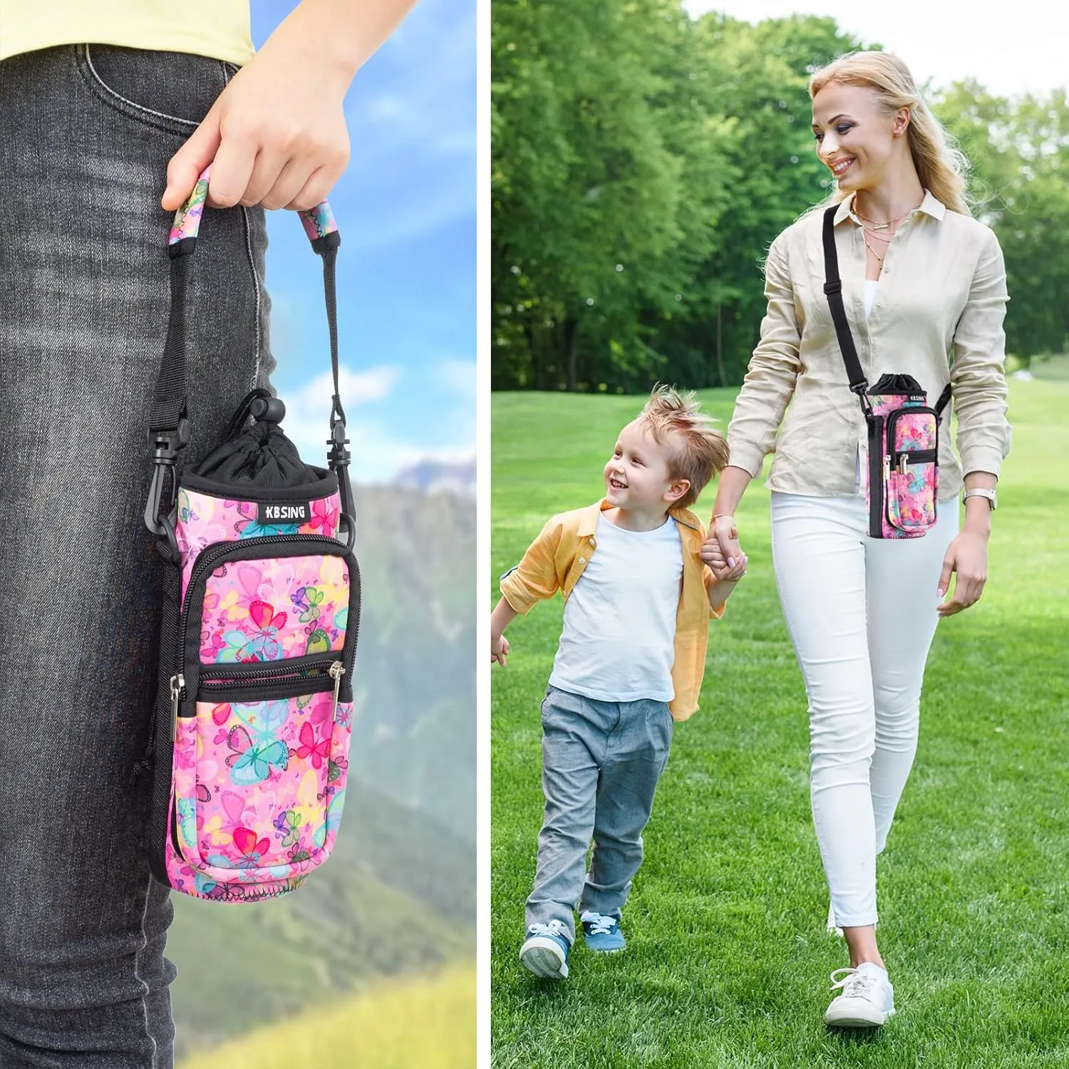 Water Bottle Carrier Holder Sling Bag Sleeve 25oz 32oz Crossbody Water Bottle Case Cover with Strap Pockets for Men/Women Walking Hiking Camping (32 oz, BS32-07)