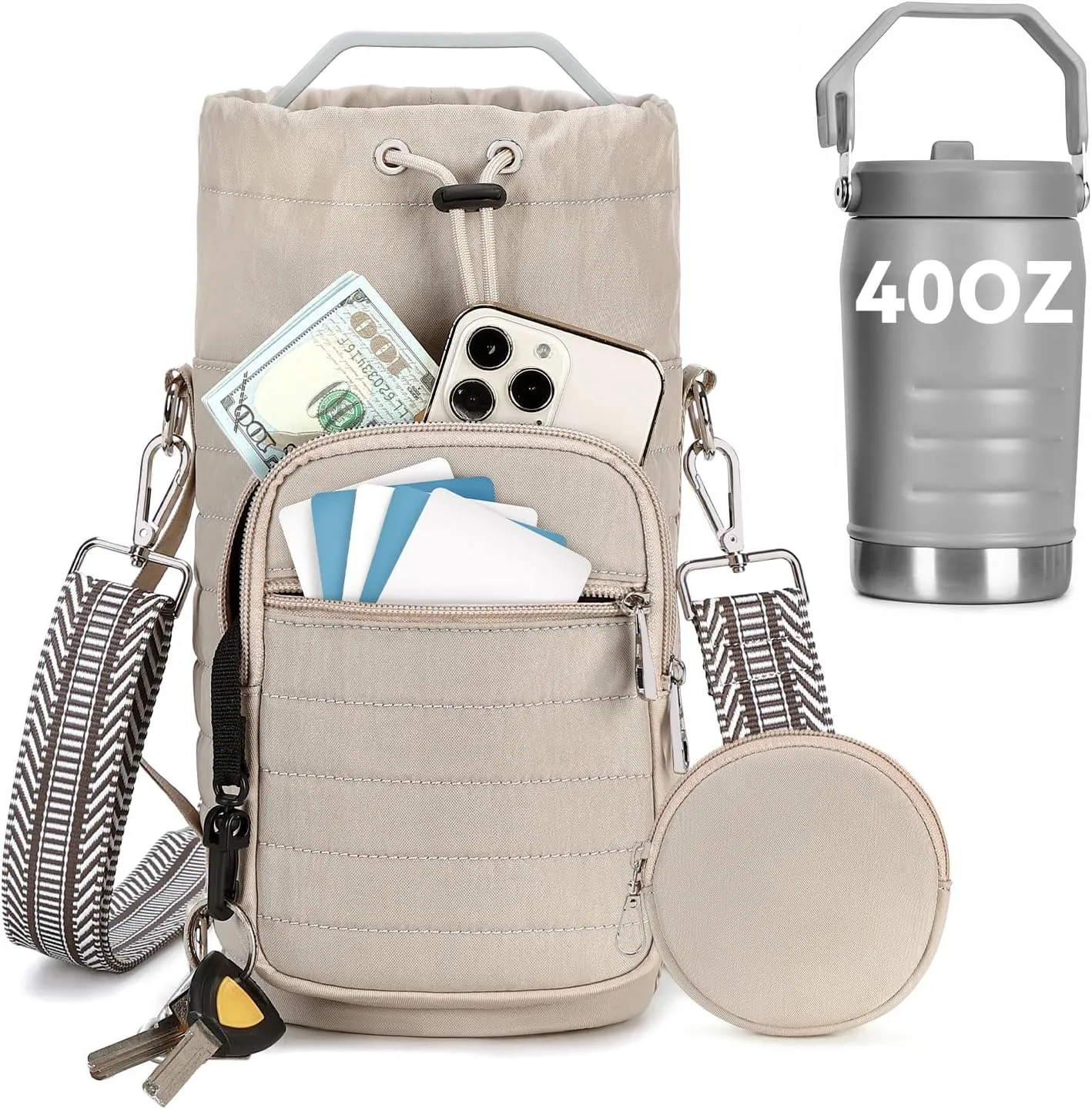 Water Bottle Carrier with Strap Water Bottle Holder with Strap Water Bottle Carrier Bag, Water Bottle Bag with Phone Pocket for Walking, Hiking, Cycling