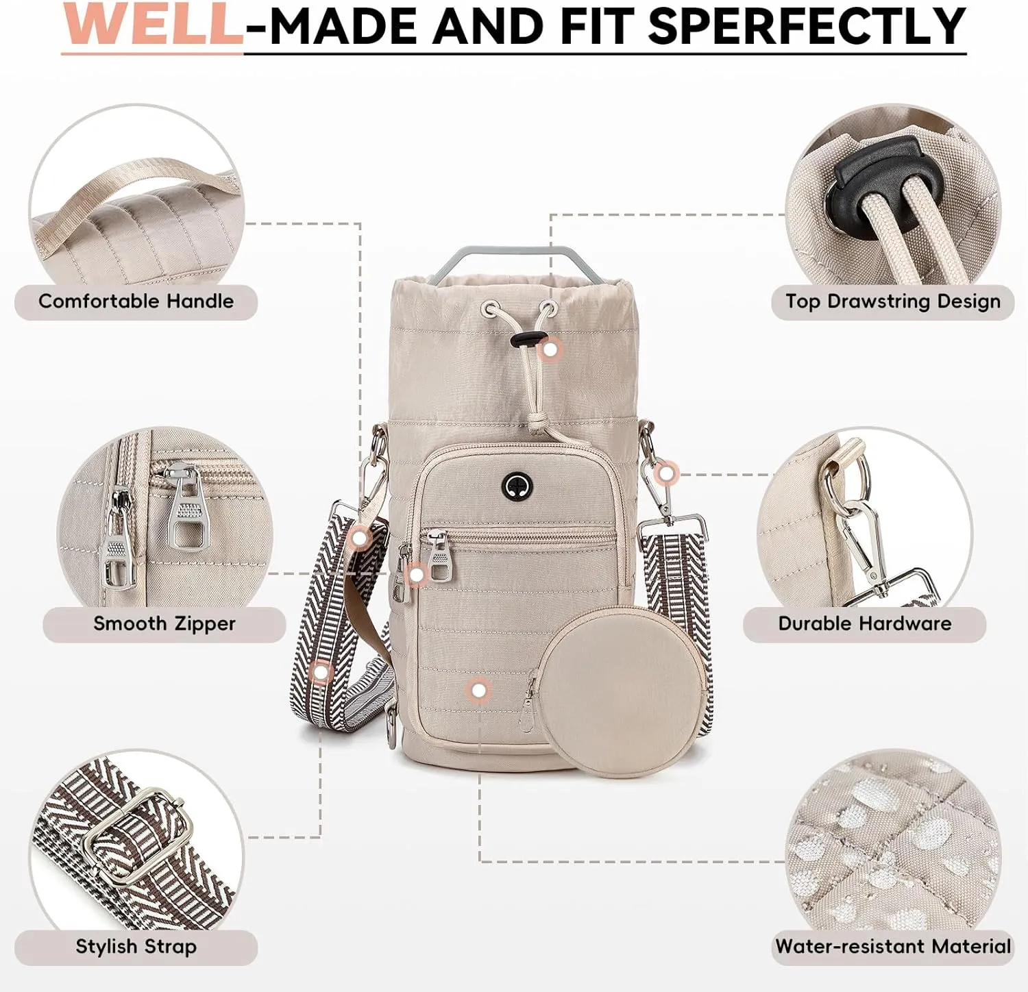 Water Bottle Carrier with Strap Water Bottle Holder with Strap Water Bottle Carrier Bag, Water Bottle Bag with Phone Pocket for Walking, Hiking, Cycling
