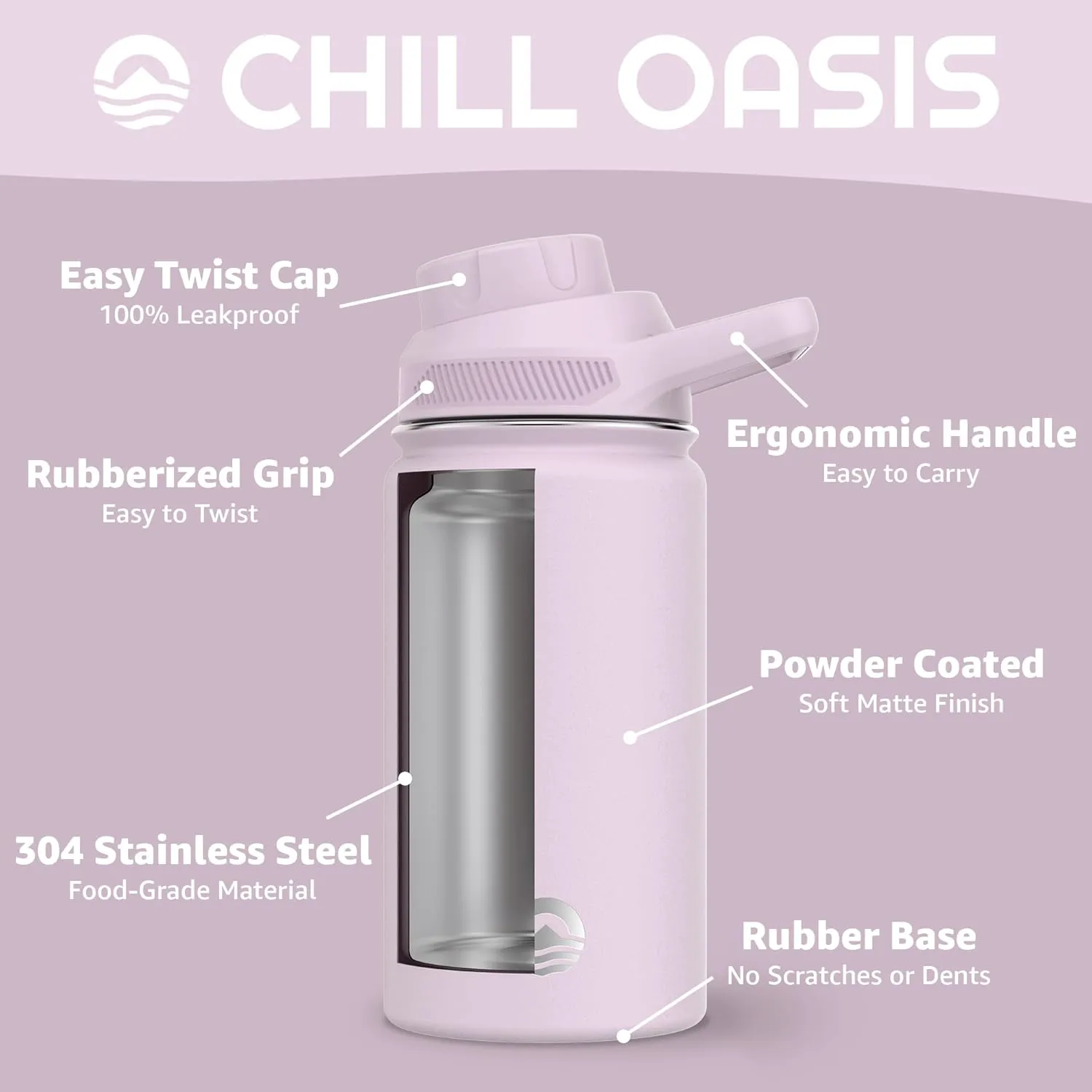 Water Bottle | Compatible With Popular Flavor Cartridges | BPA Free, Leak Proof, Double-Walled Vacuum Insulated Stainless Steel, and Dishwasher Safe | Cold for 24 Hours (Lavender, 12oz)