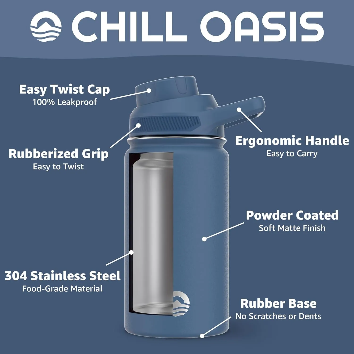 Water Bottle | Compatible With Popular Flavor Cartridges | BPA Free, Leak Proof, Double-Walled Vacuum Insulated Stainless Steel, and Dishwasher Safe | Cold for 24 Hours (Navy, 12oz)