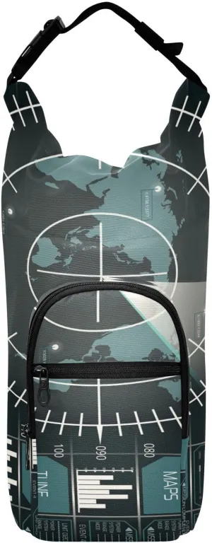 Water Bottle Sling Sleeve Bag, Bottle Carrier Holder Case Cover with Removable Strap Travel Mug Cup Storage with Pockets Print Digital Radar Screen with World Map Targets