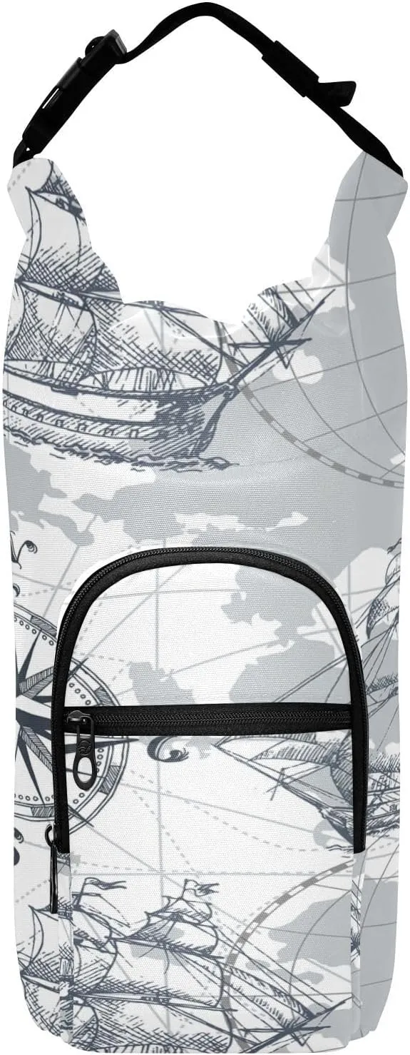 Water Bottle Sling Sleeve Bag, Bottle Carrier Holder Case Cover with Removable Strap Travel Mug Cup Storage with Pockets Print Sea Map with Compass Lighthouse Anchor Seashells Design