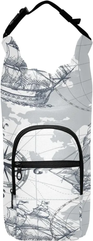 Water Bottle Sling Sleeve Bag, Bottle Carrier Holder Case Cover with Removable Strap Travel Mug Cup Storage with Pockets Print Sea Map with Compass Lighthouse Anchor Seashells Design