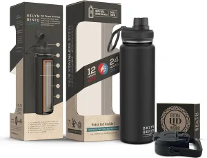 Water Bottle Stainless Steel Double Wall with 3 Leak-Proof Lids - Chug, Straw & Coffee Lid | Keeps Drinks Cold for 24 Hours and Hot for 12 Hours | BPA-Free Wide Mouth Metal Vacuum Flask (Black (24oz)