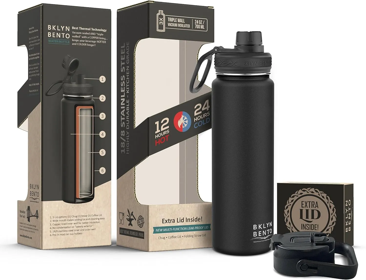 Water Bottle Stainless Steel Double Wall with 3 Leak-Proof Lids - Chug, Straw & Coffee Lid | Keeps Drinks Cold for 24 Hours and Hot for 12 Hours | BPA-Free Wide Mouth Metal Vacuum Flask (Black (24oz)