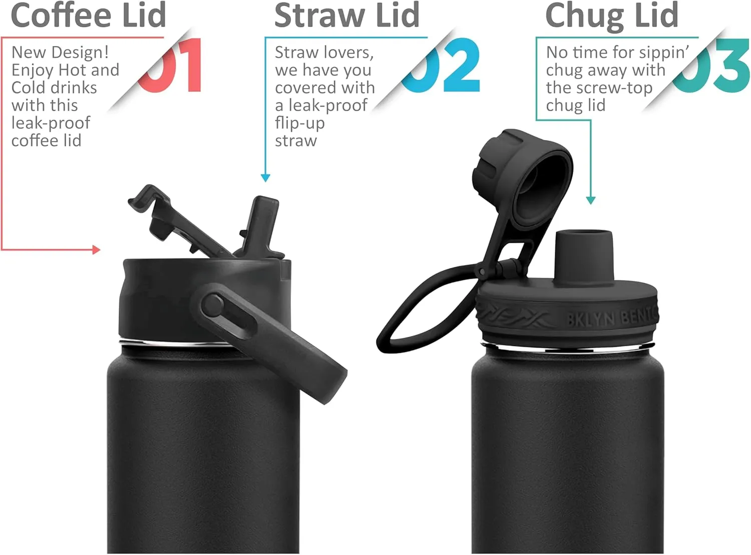 Water Bottle Stainless Steel Double Wall with 3 Leak-Proof Lids - Chug, Straw & Coffee Lid | Keeps Drinks Cold for 24 Hours and Hot for 12 Hours | BPA-Free Wide Mouth Metal Vacuum Flask (Black (24oz)