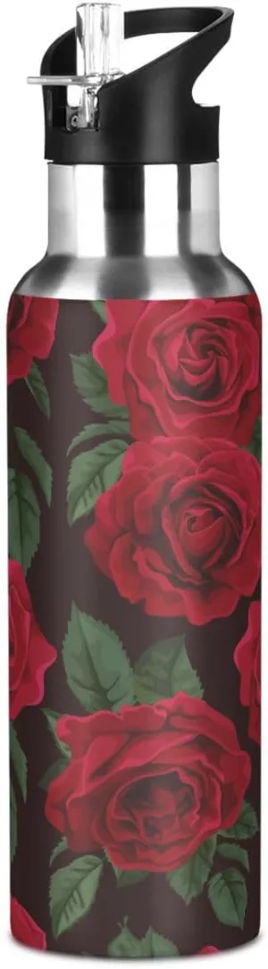 Water Bottle with Straw Lid Black Red Roses Valentines Day Mothers Day Thermos Kids Insulated Stainless Steel Water Flask Sports, 20 Oz Hot Cold