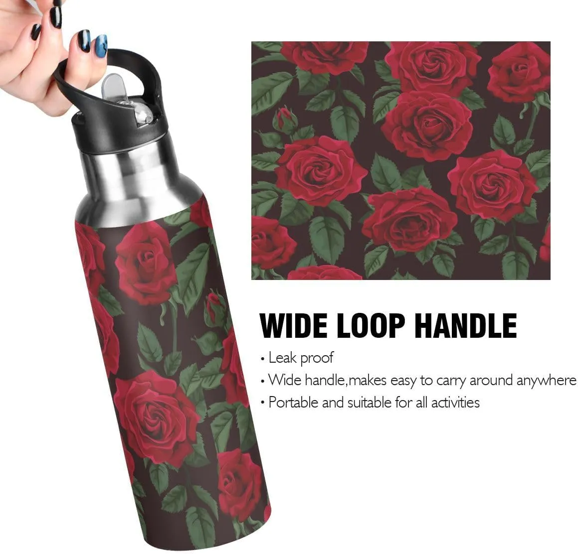 Water Bottle with Straw Lid Black Red Roses Valentines Day Mothers Day Thermos Kids Insulated Stainless Steel Water Flask Sports, 20 Oz Hot Cold