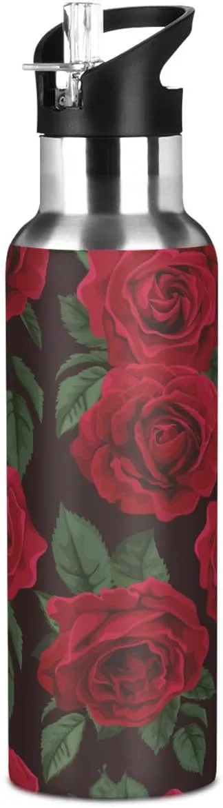 Water Bottle with Straw Lid Black Red Roses Valentines Day Mothers Day Thermos Kids Insulated Stainless Steel Water Flask Sports, 20 Oz Hot Cold