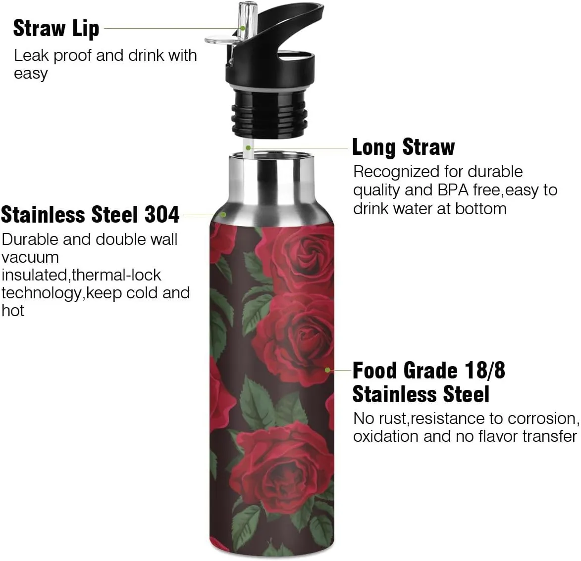 Water Bottle with Straw Lid Black Red Roses Valentines Day Mothers Day Thermos Kids Insulated Stainless Steel Water Flask Sports, 20 Oz Hot Cold