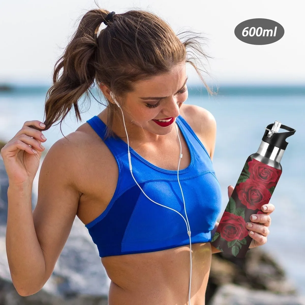 Water Bottle with Straw Lid Black Red Roses Valentines Day Mothers Day Thermos Kids Insulated Stainless Steel Water Flask Sports, 20 Oz Hot Cold