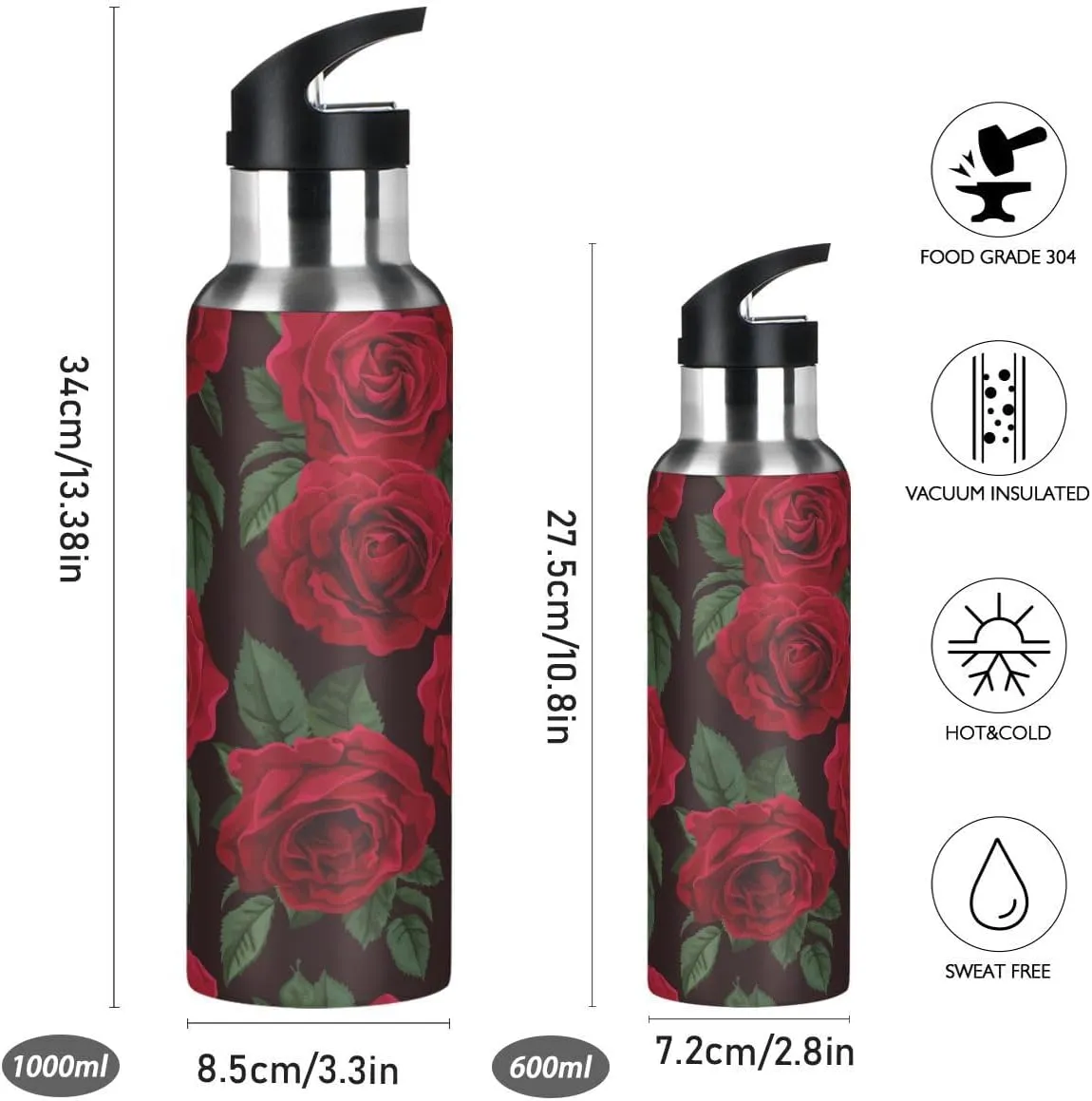 Water Bottle with Straw Lid Black Red Roses Valentines Day Mothers Day Thermos Kids Insulated Stainless Steel Water Flask Sports, 20 Oz Hot Cold