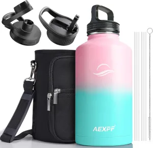 Water Flask with Straw, Wide Mouth Half Gallon Water Bottle with Sleeve, Reusable Leak Proof Large Water Jugs for Drinking, 64 oz Insulated Water Bottle for Gym Camping, Bubble Gum