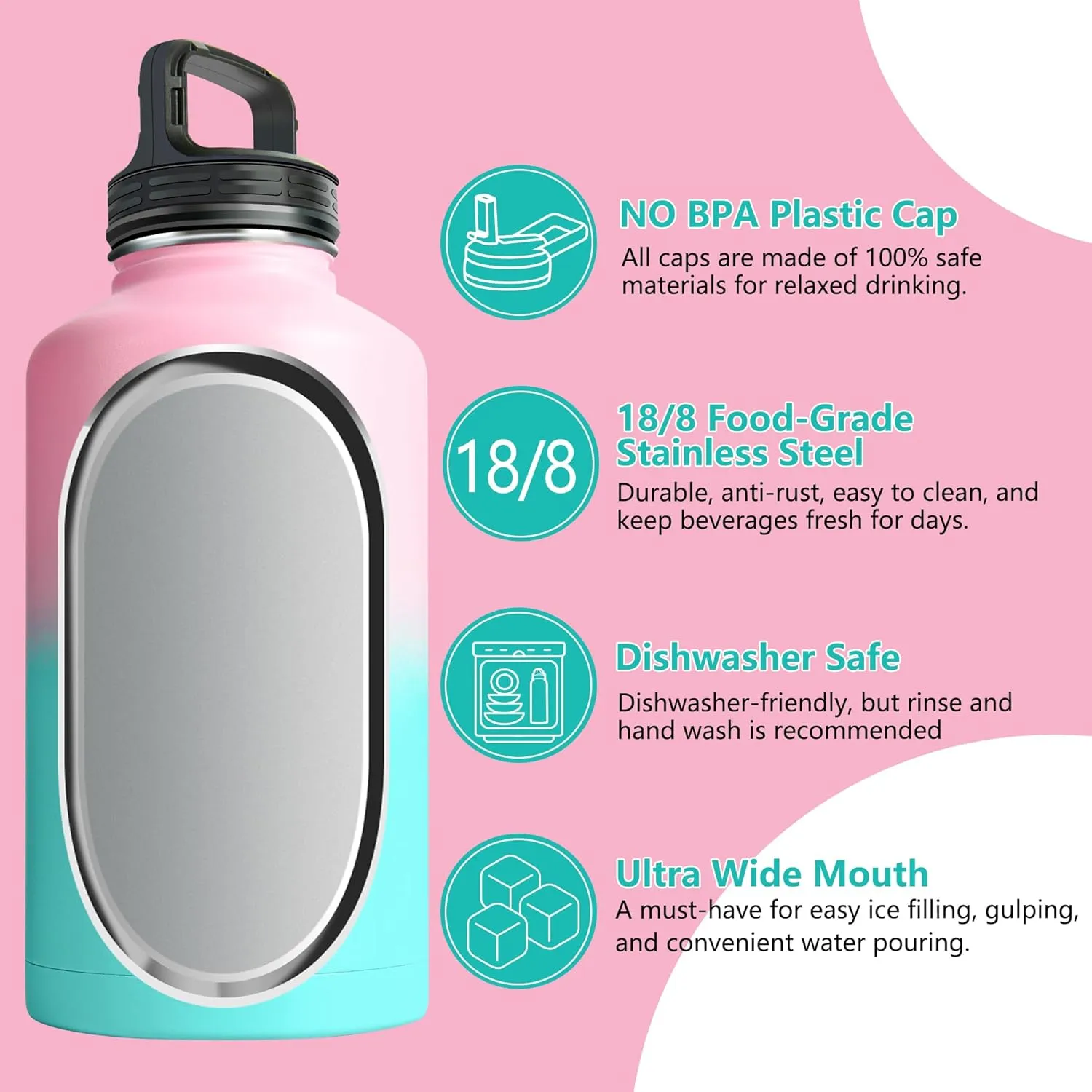 Water Flask with Straw, Wide Mouth Half Gallon Water Bottle with Sleeve, Reusable Leak Proof Large Water Jugs for Drinking, 64 oz Insulated Water Bottle for Gym Camping, Bubble Gum