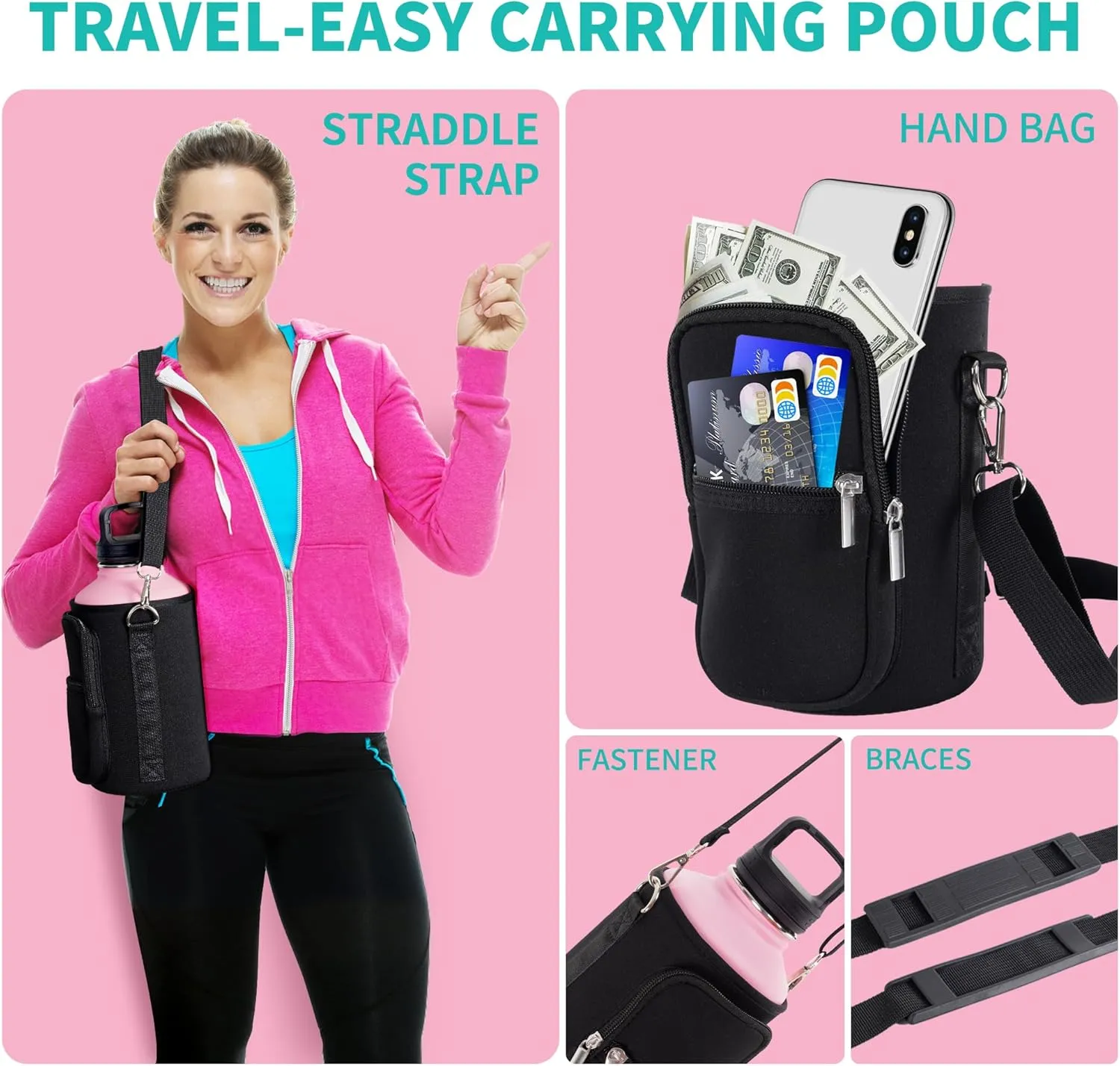 Water Flask with Straw, Wide Mouth Half Gallon Water Bottle with Sleeve, Reusable Leak Proof Large Water Jugs for Drinking, 64 oz Insulated Water Bottle for Gym Camping, Bubble Gum