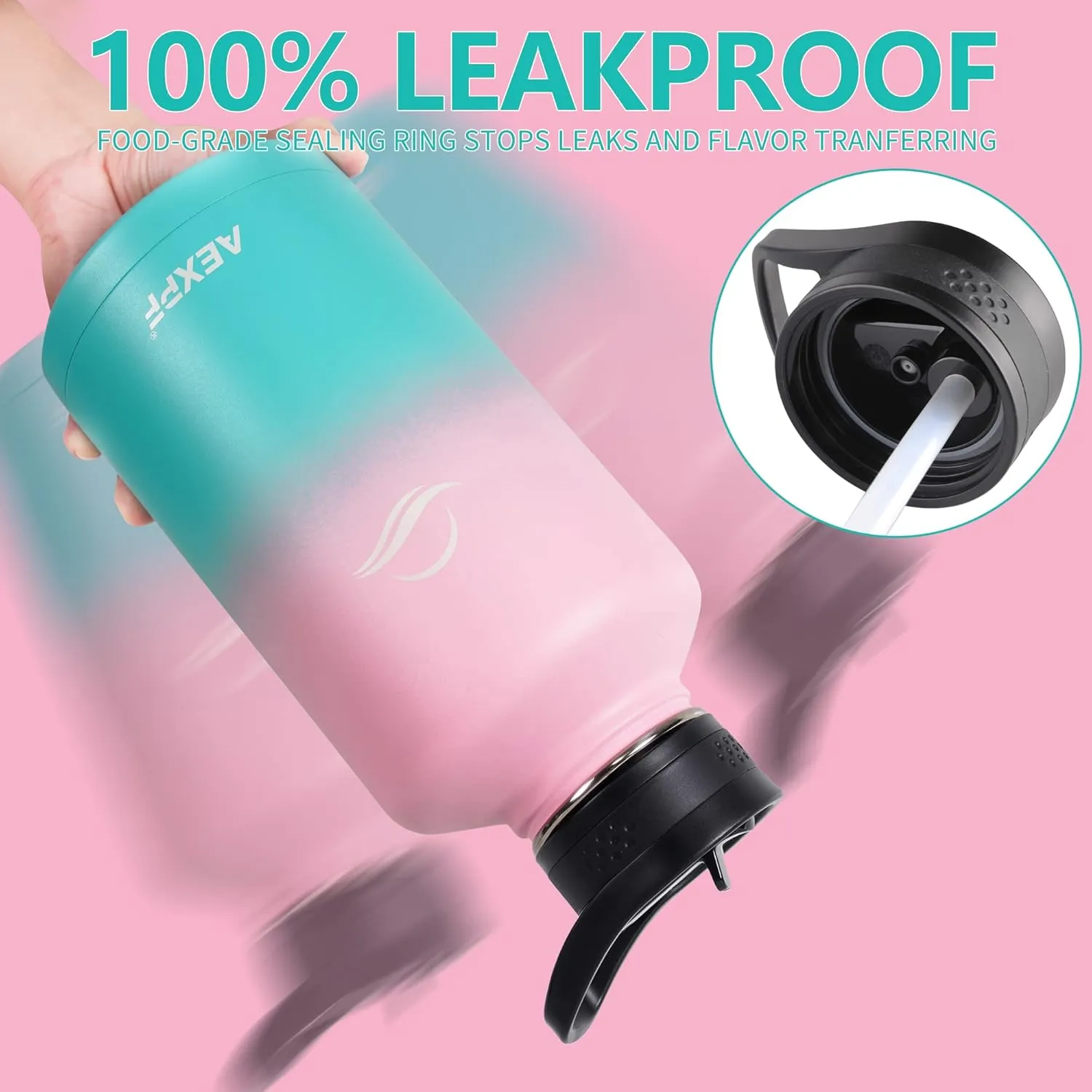 Water Flask with Straw, Wide Mouth Half Gallon Water Bottle with Sleeve, Reusable Leak Proof Large Water Jugs for Drinking, 64 oz Insulated Water Bottle for Gym Camping, Bubble Gum