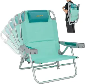 #WEJOY Beach Chair with Backpack Straps, Heavy Duty Backpack Beach Chairs for Adults with 5 Positions, Lay Flat Chair with with Cup Holder Pillow, Support to 300LBS, Cyan
