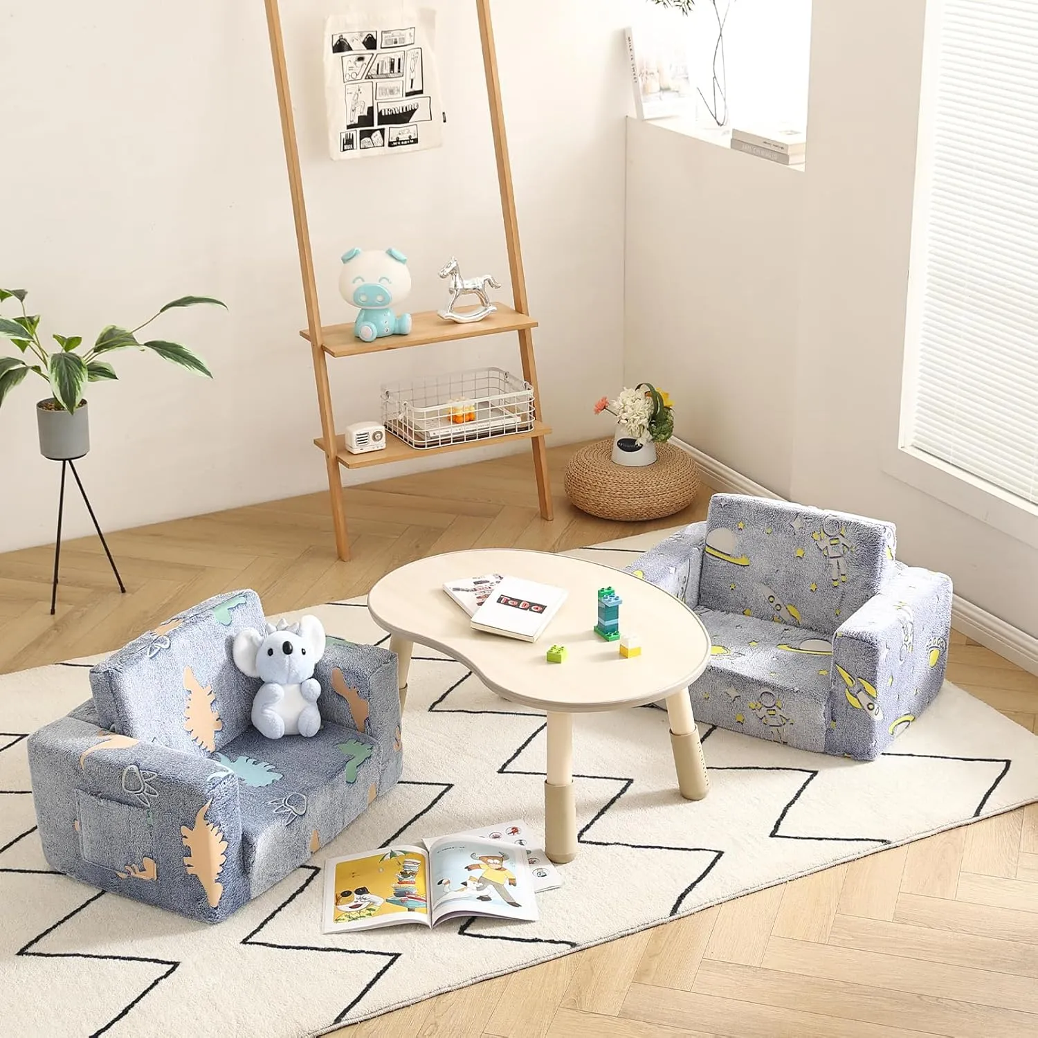 Welnow 2-in-1 Kids Sofa Chair, Glow in The Dark Convertible Toddler Chair Flip Out Children Sofa Chair Folding Kids Play Sofa with Side Pockets & Removable Cover Armrest Chair for Girl or Boy
