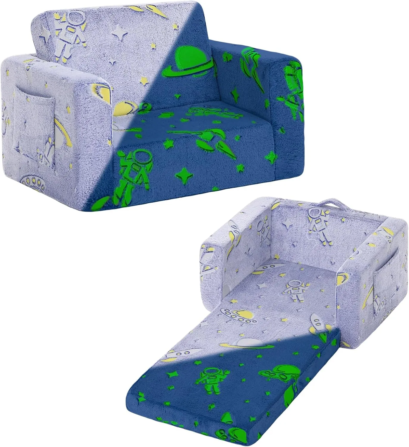 Welnow 2-in-1 Kids Sofa Chair, Glow in The Dark Convertible Toddler Chair Flip Out Children Sofa Chair Folding Kids Play Sofa with Side Pockets & Removable Cover Armrest Chair for Girl or Boy
