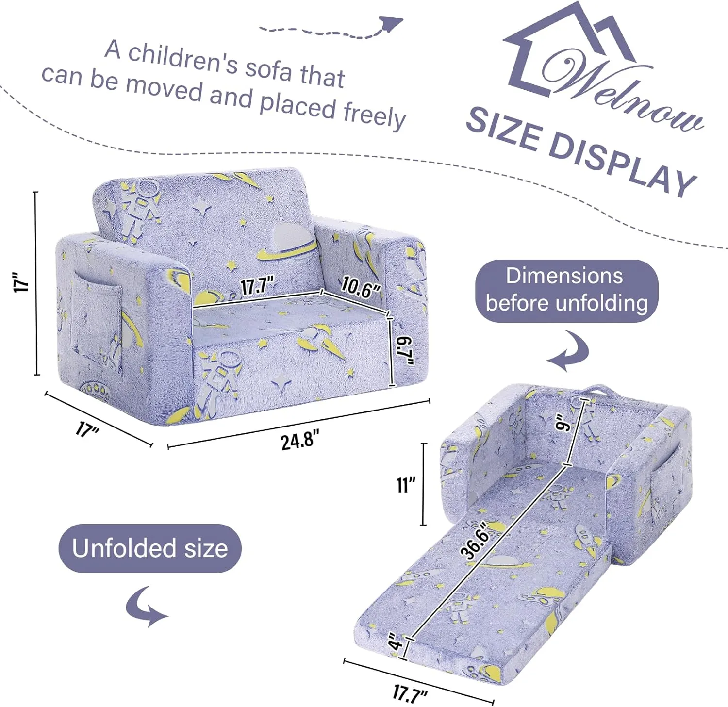Welnow 2-in-1 Kids Sofa Chair, Glow in The Dark Convertible Toddler Chair Flip Out Children Sofa Chair Folding Kids Play Sofa with Side Pockets & Removable Cover Armrest Chair for Girl or Boy