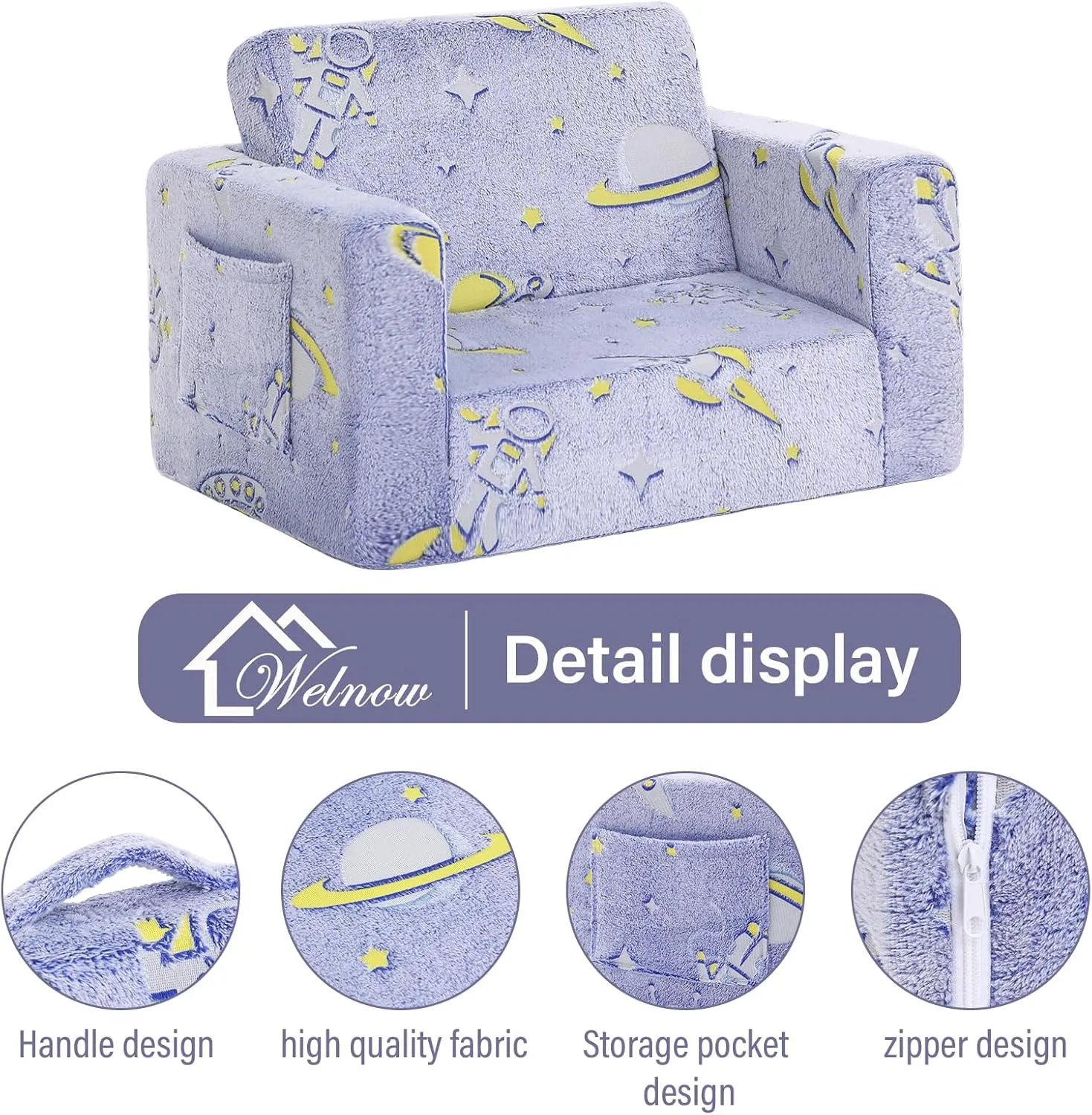 Welnow 2-in-1 Kids Sofa Chair, Glow in The Dark Convertible Toddler Chair Flip Out Children Sofa Chair Folding Kids Play Sofa with Side Pockets & Removable Cover Armrest Chair for Girl or Boy
