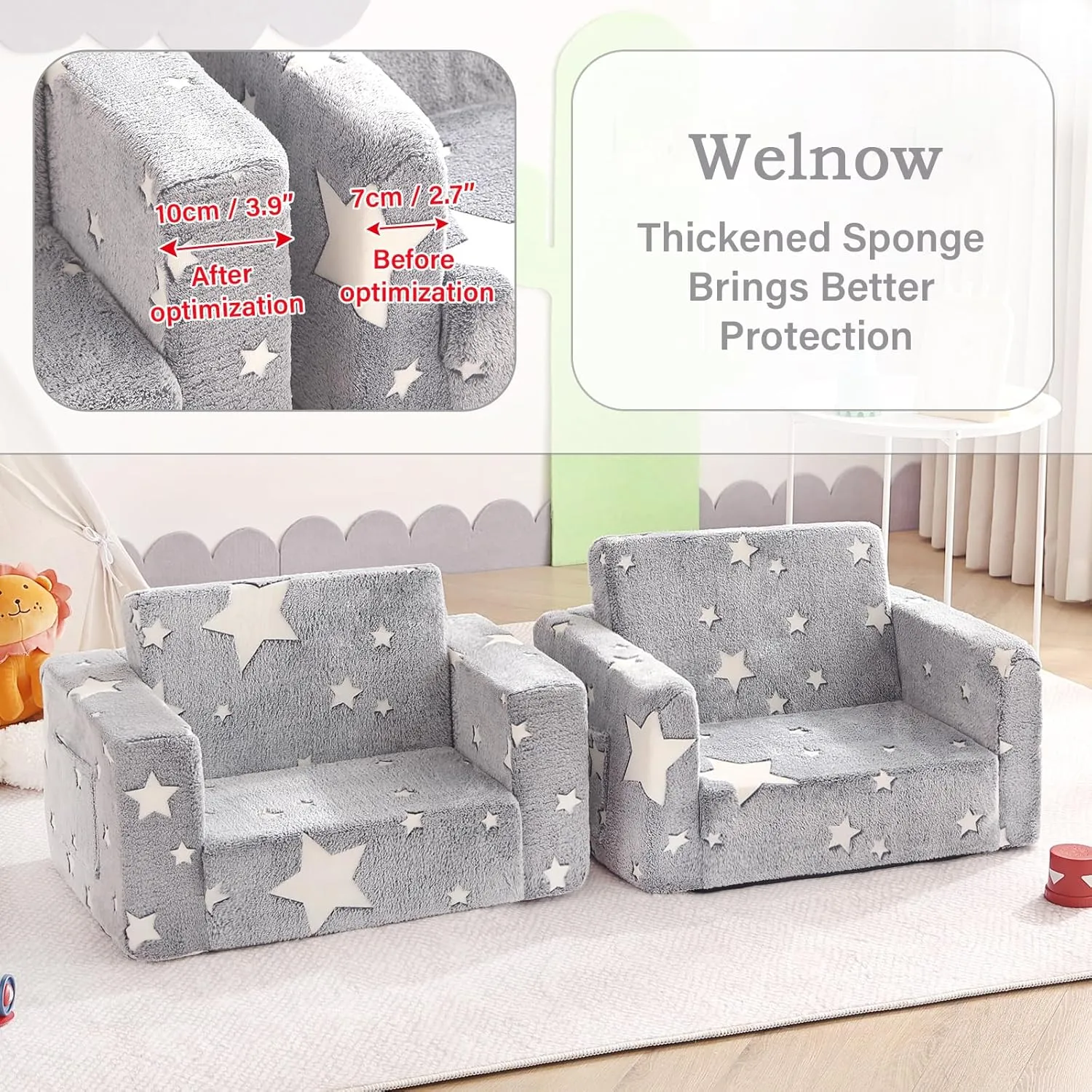 Welnow 2-in-1 Kids Sofa Chair, Glow in The Dark Convertible Toddler Chair Flip Out Children Sofa Chair Folding Kids Play Sofa with Side Pockets & Removable Cover Armrest Chair for Girl or Boy
