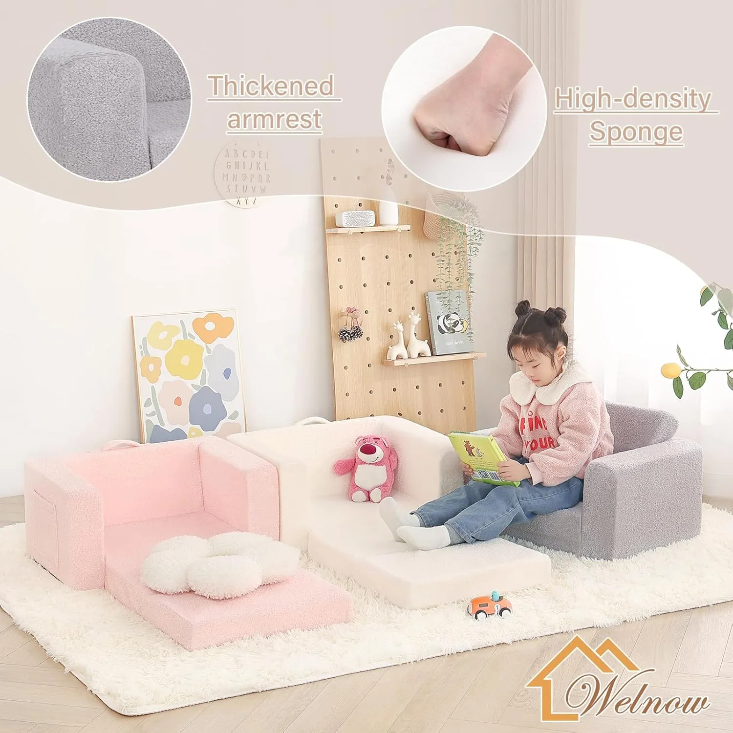 Welnow 2-in-1 Kids Sofa Chair, Glow in The Dark Convertible Toddler Chair Flip Out Children Sofa Chair Folding Kids Play Sofa with Side Pockets & Removable Cover Armrest Chair for Girl or Boy