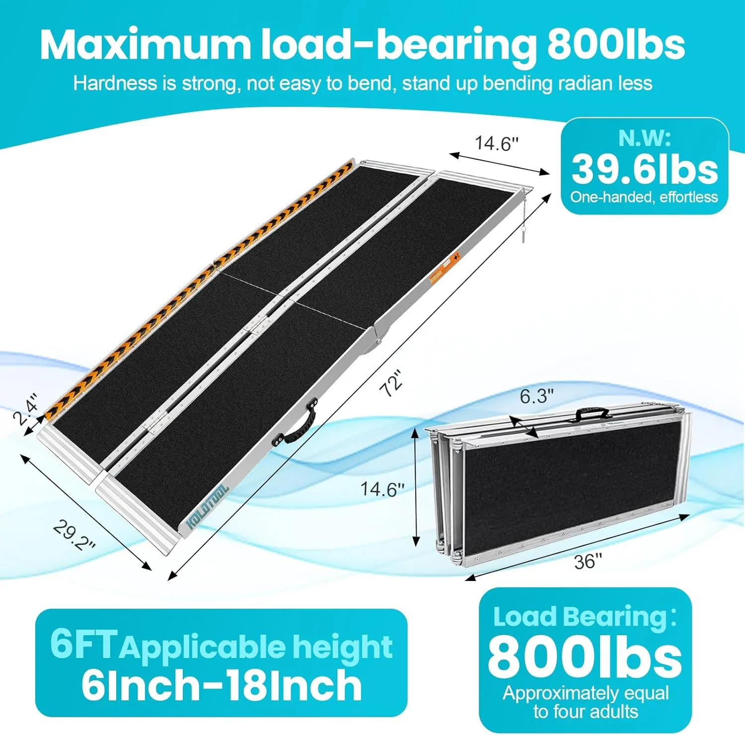 Wheelchair Ramp 6ft, Non-Skid Aluminum Folding Ramps for Wheelchairs for Home Steps, 800 LBS Capacity Handicap Wheel Chair Ramp for Doorway, Homes, Threshold, Entry, Stairs 72" Lx 29.2" Wx2H