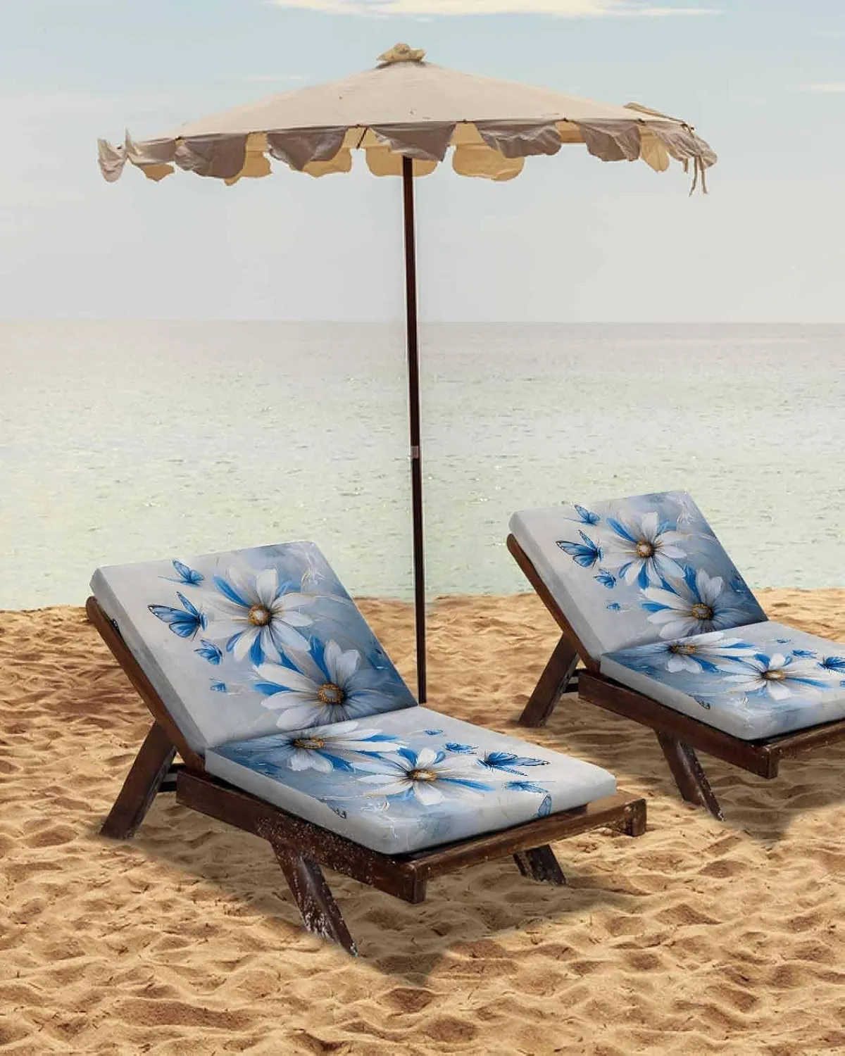 White Blue Flowers Outdoor Cushion Chair Cover Set of 4 - Waterproof Couch Seat Covers, Pastoral Elegant Butterfly Floral Patio Furniture Protector Cushions Slipcovers for Sofa/RV, 22"x20"x4"