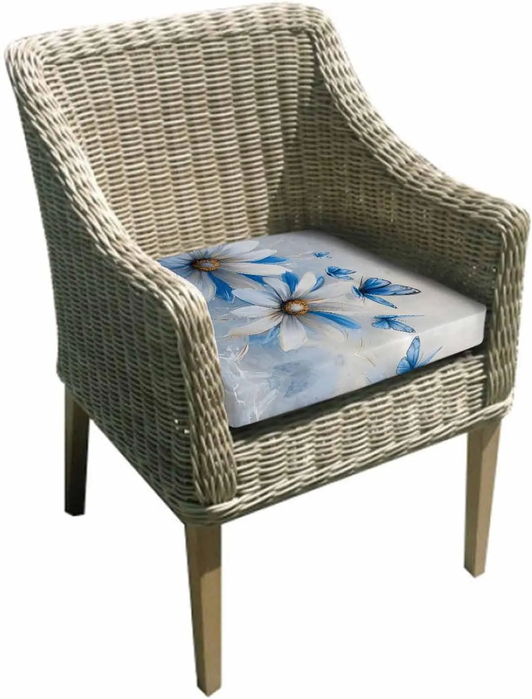 White Blue Flowers Outdoor Cushion Chair Cover Set of 4 - Waterproof Couch Seat Covers, Pastoral Elegant Butterfly Floral Patio Furniture Protector Cushions Slipcovers for Sofa/RV, 22"x20"x4"
