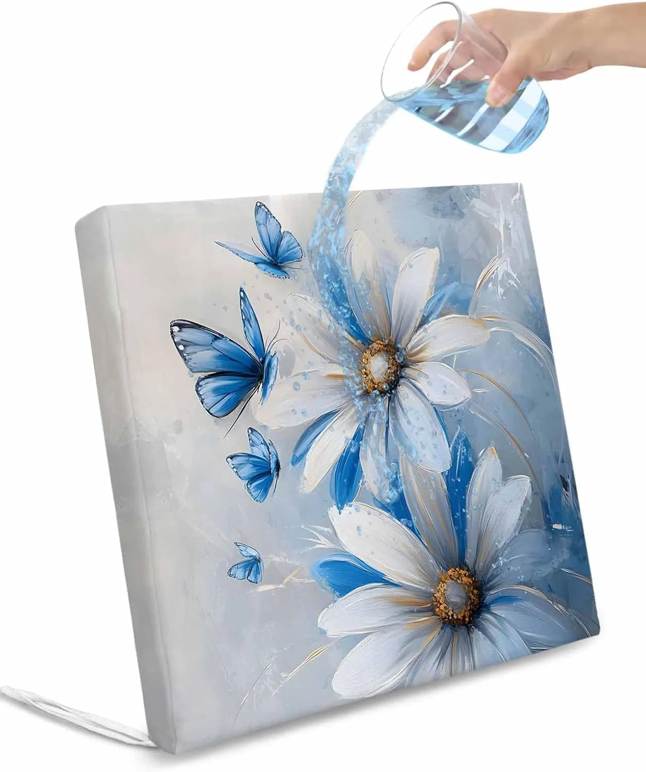 White Blue Flowers Outdoor Cushion Chair Cover Set of 4 - Waterproof Couch Seat Covers, Pastoral Elegant Butterfly Floral Patio Furniture Protector Cushions Slipcovers for Sofa/RV, 22"x20"x4"