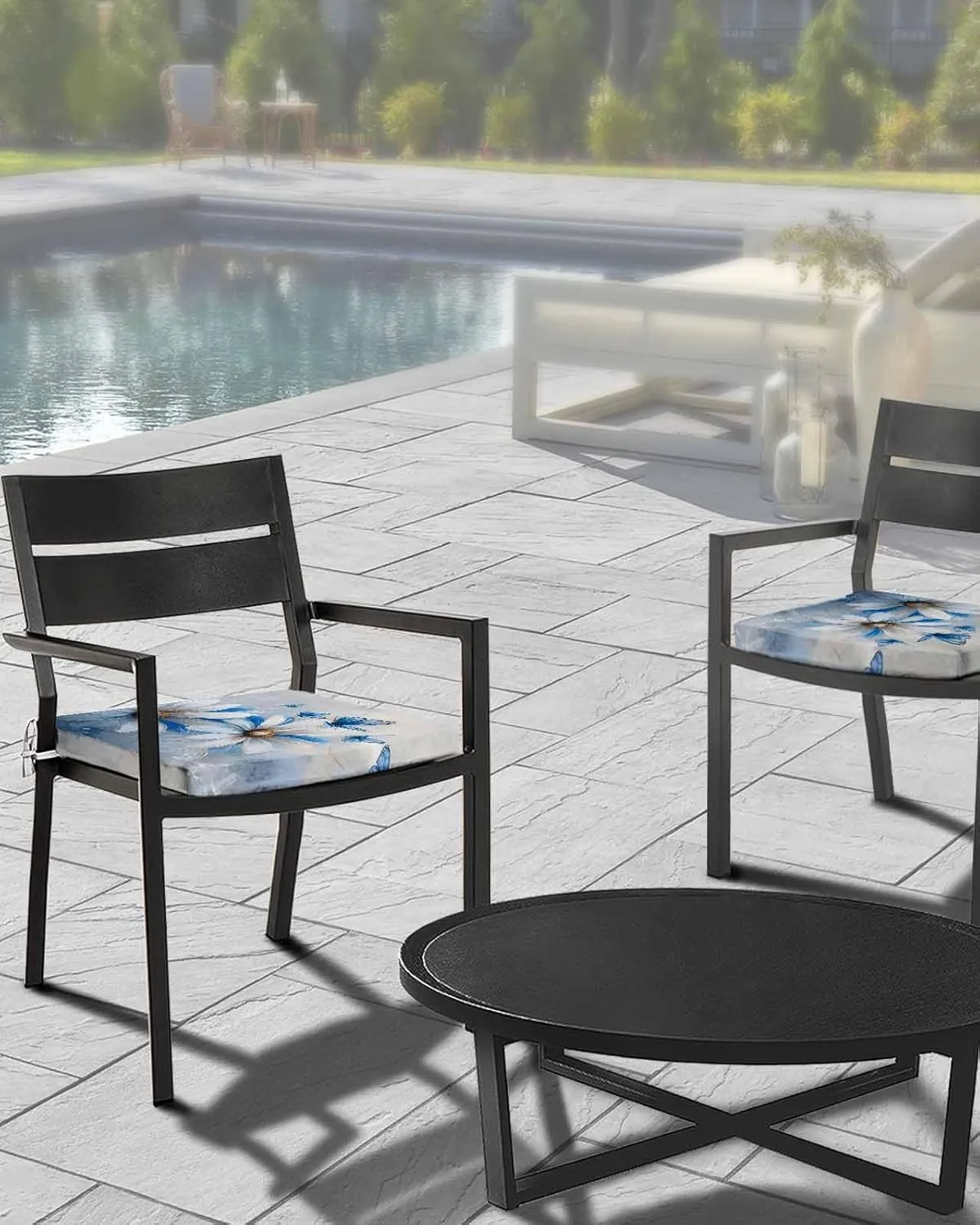 White Blue Flowers Outdoor Cushion Chair Cover Set of 4 - Waterproof Couch Seat Covers, Pastoral Elegant Butterfly Floral Patio Furniture Protector Cushions Slipcovers for Sofa/RV, 22"x20"x4"